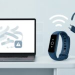 A laptop on a desk with a fitness tracker nearby, showing a connection problem between the two devices.