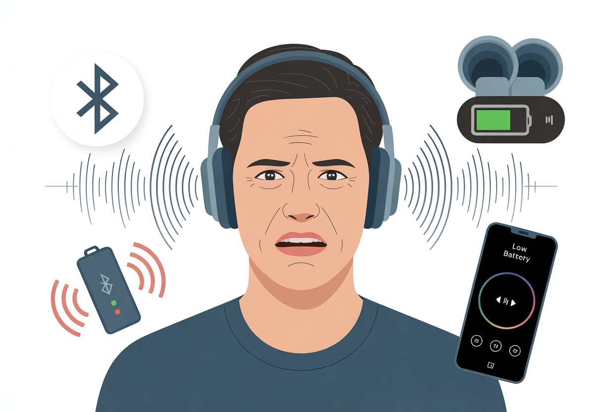A person wearing Bluetooth headphones looking frustrated with visual icons showing weak signal, low battery, and audio settings around them.