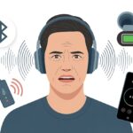 A person wearing Bluetooth headphones looking frustrated with visual icons showing weak signal, low battery, and audio settings around them.