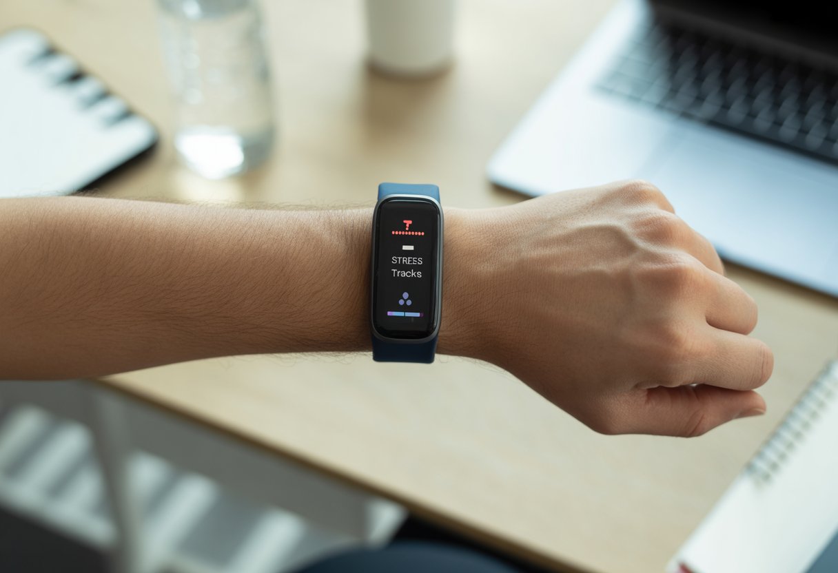 Close-up of a person’s wrist wearing a fitness tracker showing health data with a subtle alert icon, set against a clean workspace background.