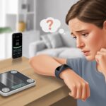 Why is My Fitness Tracker Not Tracking Weight Changes? Tech Troubles or Too Many Donuts? A person looking puzzled at their fitness tracker while a digital scale and a smartphone app show no change in weight.