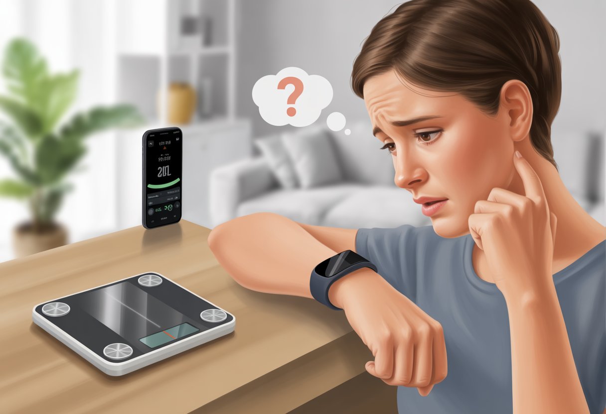 A person looking puzzled at their fitness tracker while a digital scale and a smartphone app show no change in weight.