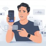 Why does my fitness tracker app keep losing data? Because Even Your Steps Like to Ghost You A person looking puzzled while holding a smartphone showing incomplete fitness data, with visual symbols of broken connections and fading data around them.