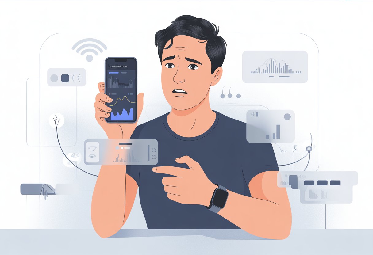 A person looking puzzled while holding a smartphone showing incomplete fitness data, with visual symbols of broken connections and fading data around them.