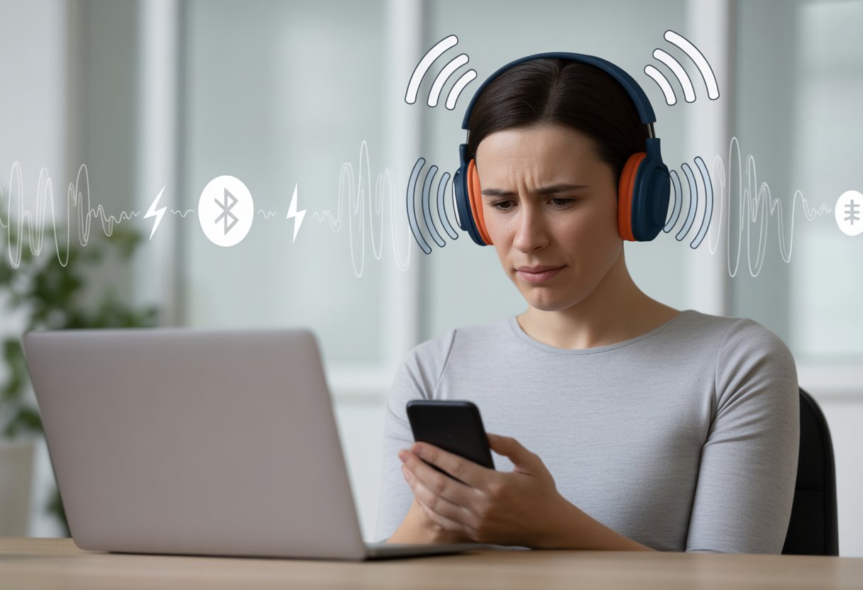 A person wearing Bluetooth headphones at a desk looks frustrated as signal waves around the headphones fade and show interference.