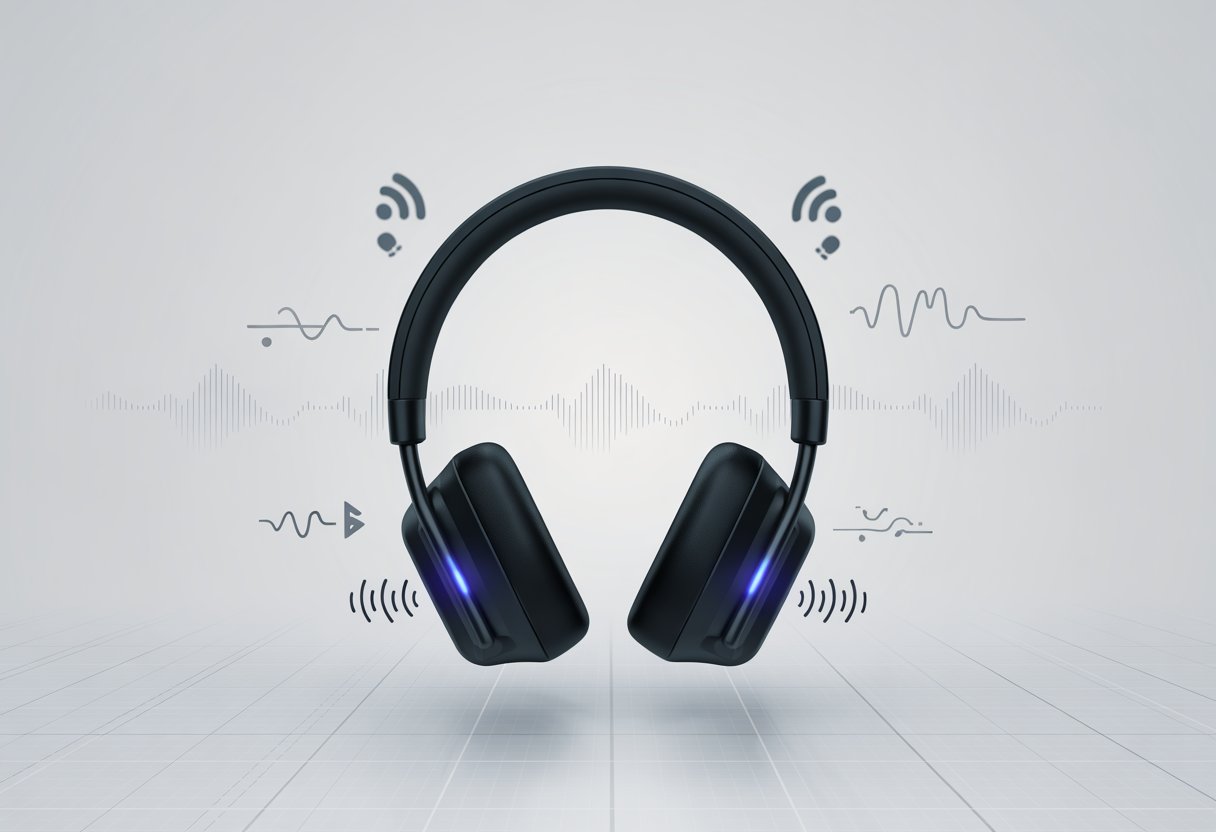 A pair of Bluetooth headphones with visual sound waves and electrical interference patterns around them, set against a light background.