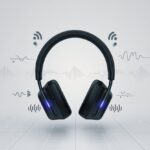 A pair of Bluetooth headphones with visual sound waves and electrical interference patterns around them, set against a light background.