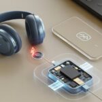 Bluetooth headphones on a surface with highlighted buttons and a schematic overlay showing internal components and a warning near the buttons.