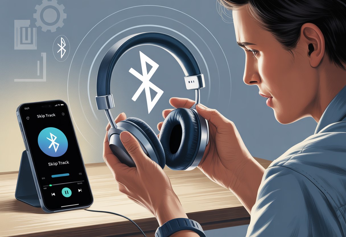 A person holding Bluetooth headphones and looking puzzled at a music player showing playback controls, with wireless signals and technical icons around.