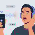 Person wearing Bluetooth headphones adjusting volume on a smartphone with sound waves coming from the headphones.