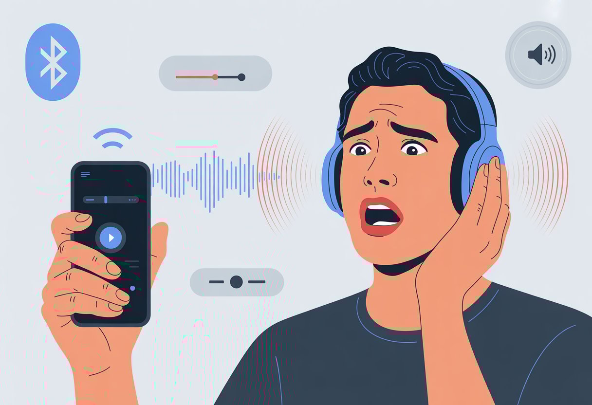 Person wearing Bluetooth headphones adjusting volume on a smartphone with sound waves coming from the headphones.