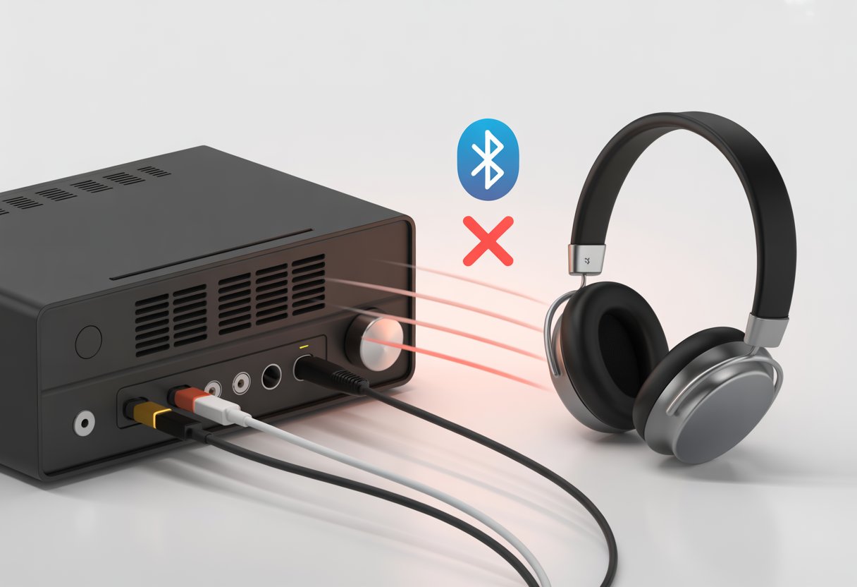 A pair of Bluetooth headphones near an amplifier with a red X symbol between them indicating they are not connecting.