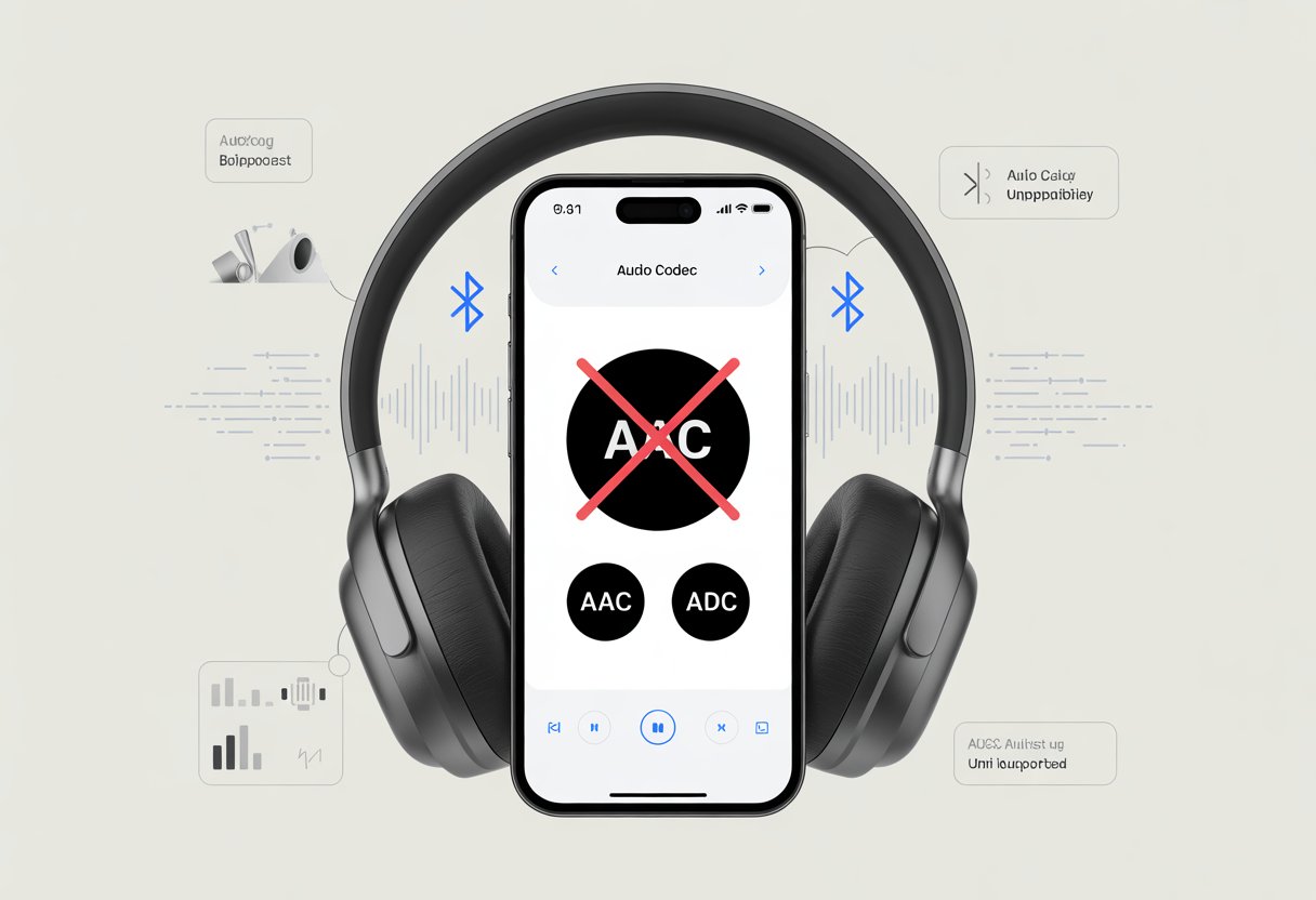 A pair of Bluetooth headphones wirelessly connected to a smartphone showing audio codec icons with the AAC codec icon highlighted but marked as unsupported.