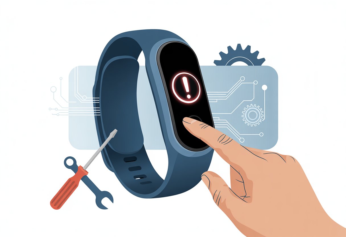 Close-up of a fitness tracker wristband showing an error icon, with tools and digital elements around it indicating repair and troubleshooting.