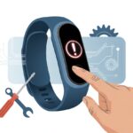 Close-up of a fitness tracker wristband showing an error icon, with tools and digital elements around it indicating repair and troubleshooting.