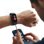 Fitness Tracker Error Code 103 Fix: Why Your Step Counter is Throwing a Tantrum A person examining a fitness tracker on their wrist with a red warning icon on the screen, using a smartphone app or tool to fix the device.