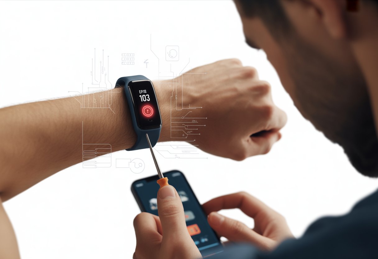 A person examining a fitness tracker on their wrist with a red warning icon on the screen, using a smartphone app or tool to fix the device.