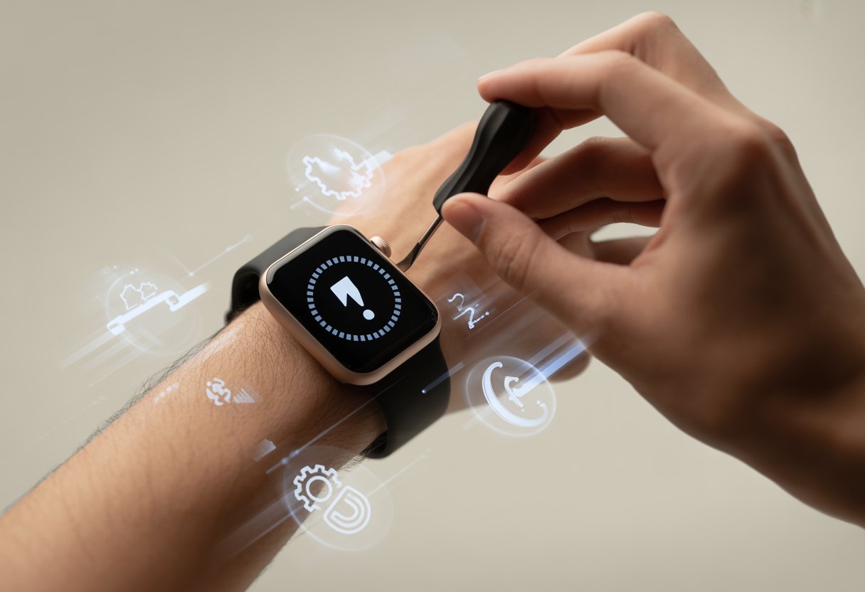 Close-up of a smartwatch showing an error symbol with hands holding a small screwdriver nearby, surrounded by floating icons representing tools and connectivity.