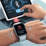 Smartwatch Bluetooth Error Code 43 Fix: Because Your Watch Has Trust Issues A close-up of a smartwatch showing a Bluetooth connection error symbol with a technician interacting with a tablet in the background.