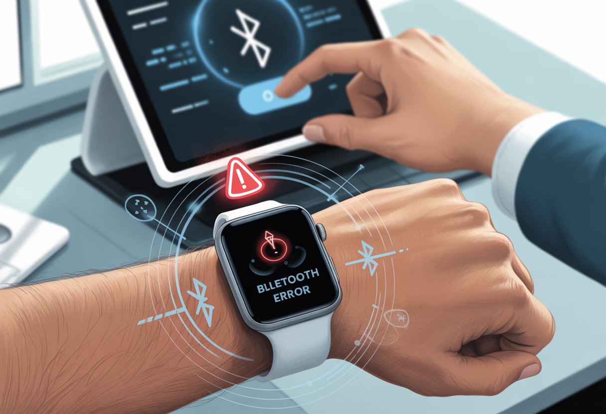 A close-up of a smartwatch showing a Bluetooth connection error symbol with a technician interacting with a tablet in the background.