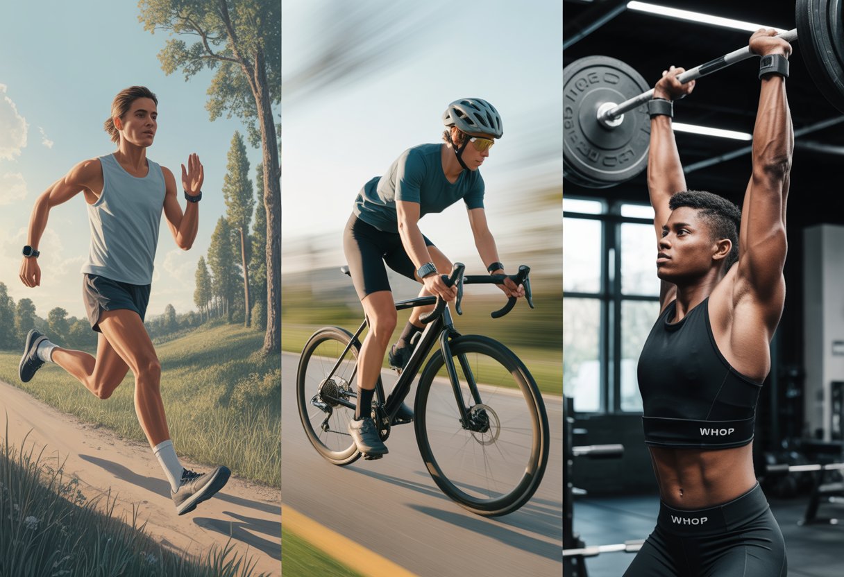 Three athletes shown: a runner on a trail, a cyclist on a road, and a weightlifter in a gym, each wearing a fitness tracker.