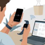 A person at a desk holding a Fitbit and a smartphone, with a laptop showing settings and icons representing syncing and connectivity.