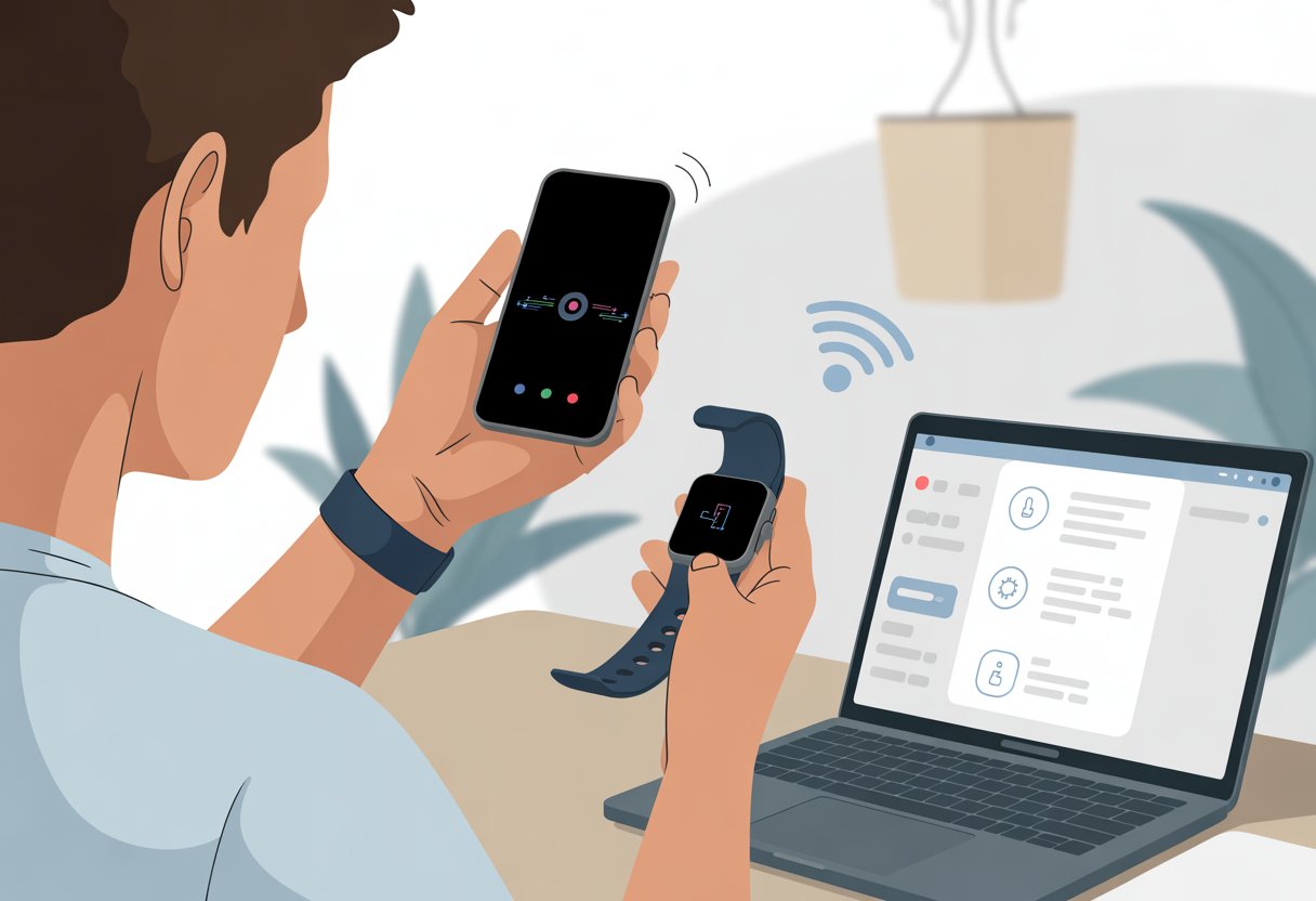 A person at a desk holding a Fitbit and a smartphone, with a laptop showing settings and icons representing syncing and connectivity.