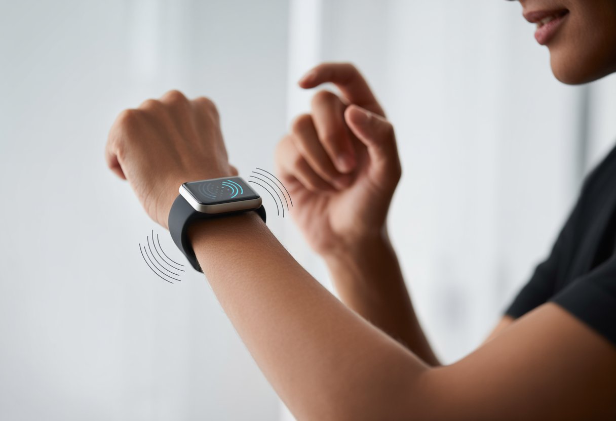 Close-up of a wrist wearing a smartwatch showing vibration alerts with subtle wave lines around the watch.