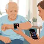 How to use a smartwatch for elderly care: Keeping Grandma Tech-Savvy and Safe An elderly person wearing a smartwatch is seated in a cozy room, being assisted by a younger caregiver, with health monitoring icons visible on the smartwatch screen.
