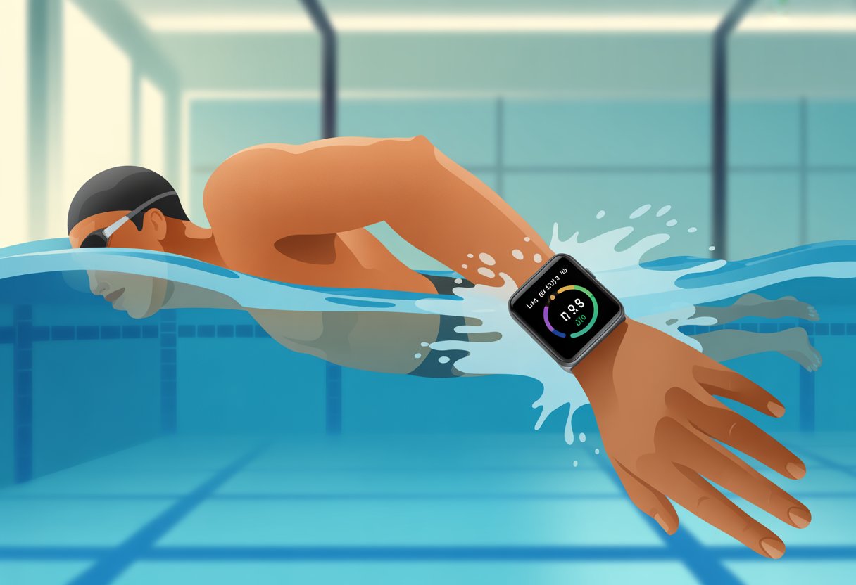 A person swimming in a pool wearing a smartwatch that shows swimming metrics on its screen.