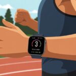 How to use a smartwatch for interval running and Outsmart Your Inner Couch Potato A close-up of a runner's wrist wearing a smartwatch showing interval running data while running outdoors on a trail.