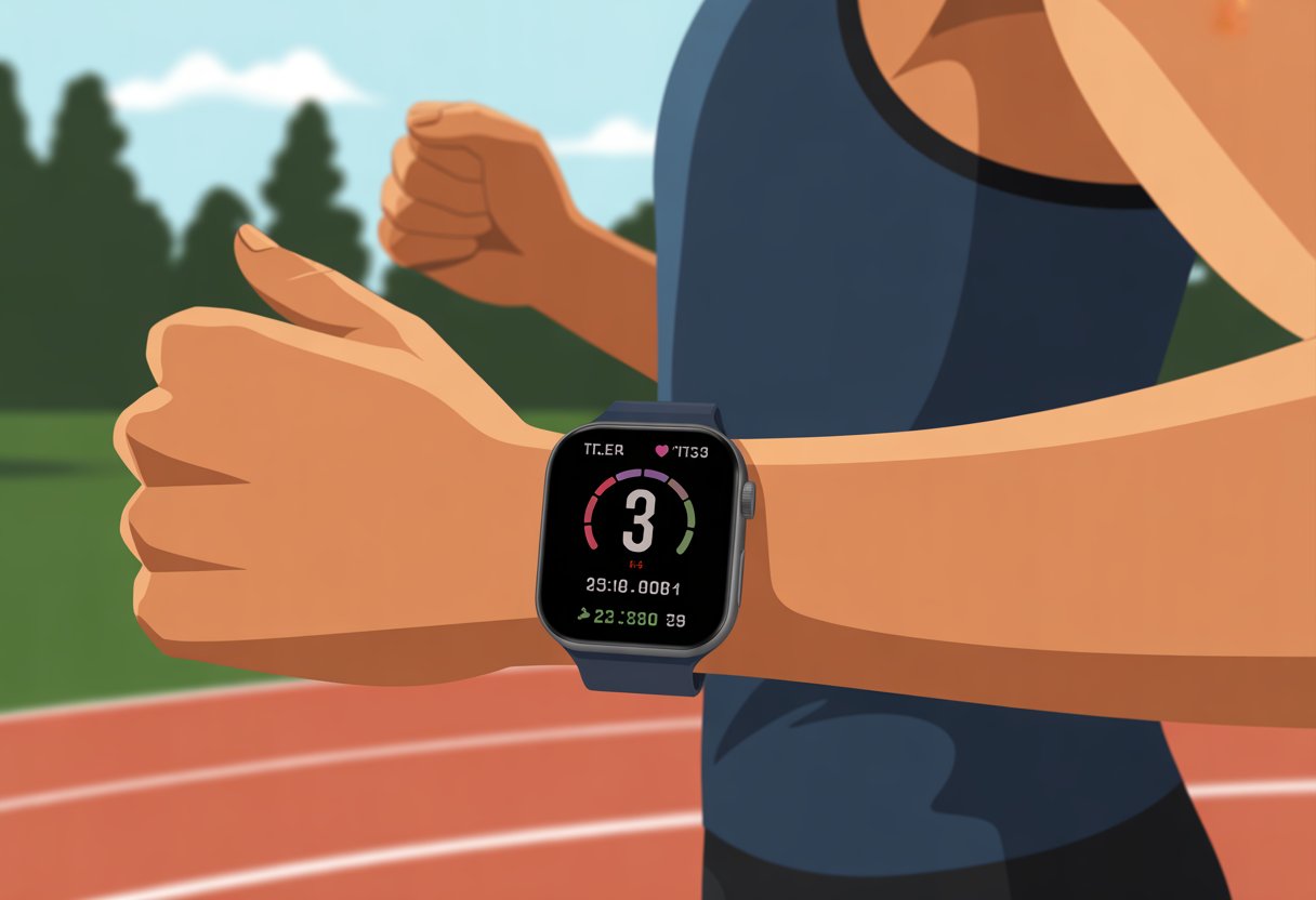 A close-up of a runner's wrist wearing a smartwatch showing interval running data while running outdoors on a trail.