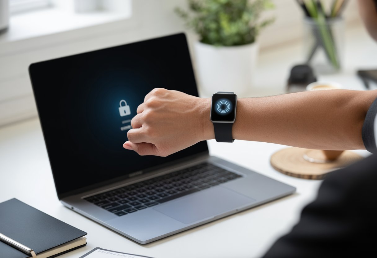 A person wearing a smartwatch is unlocking a laptop on a desk in a modern workspace.