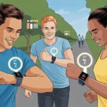 Three people walking outdoors wearing smartwatches, checking their step counts and encouraging each other during a step challenge.