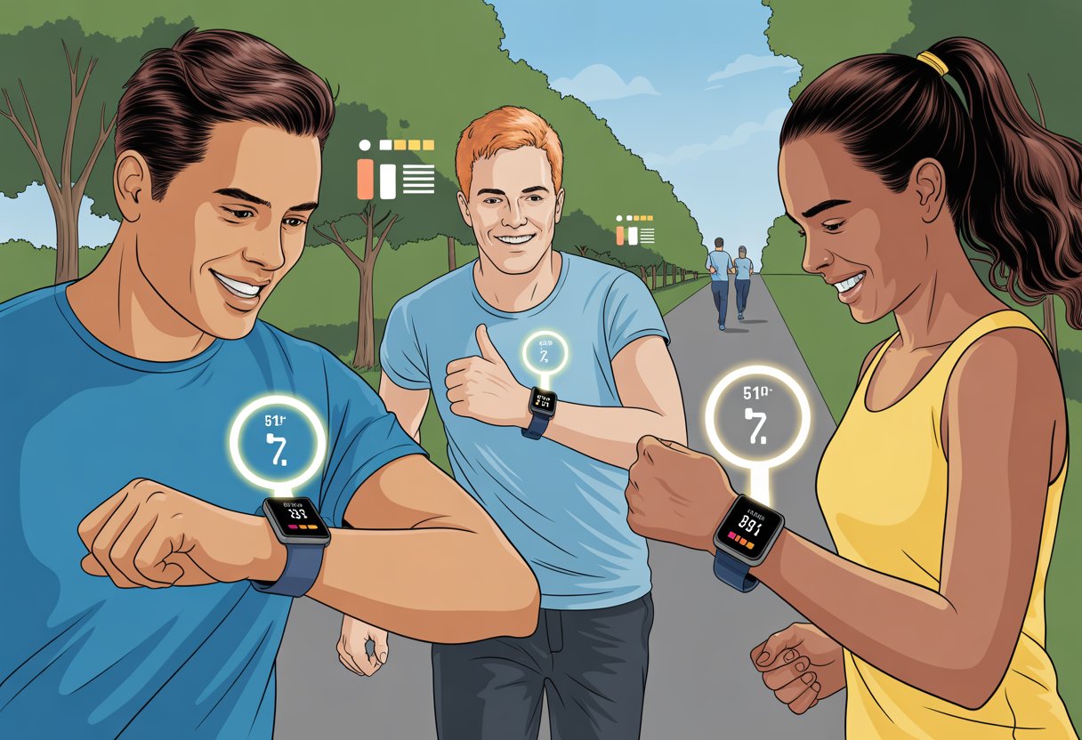 Three people walking outdoors wearing smartwatches, checking their step counts and encouraging each other during a step challenge.