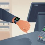 A person holding their wrist with a smartwatch near a payment terminal to make a digital payment in a store.