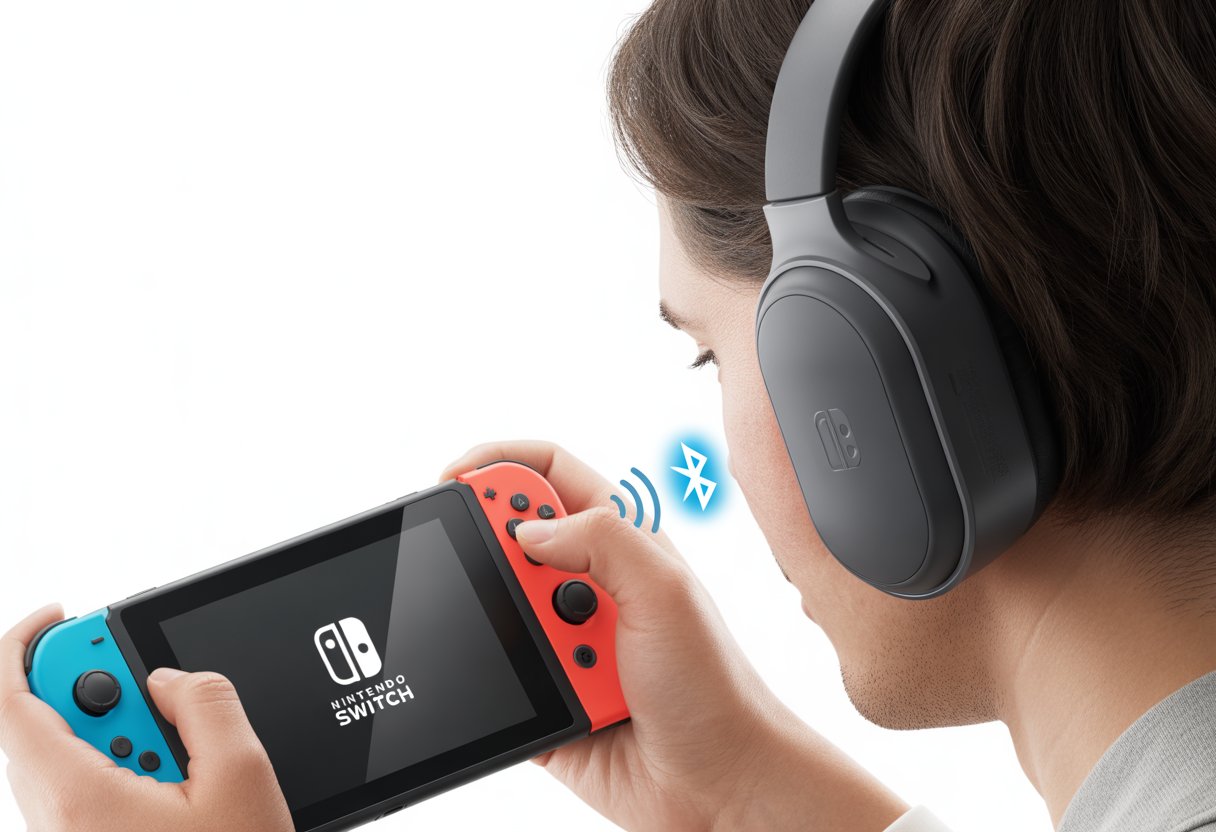 A person wearing Bluetooth headphones while holding a Nintendo Switch in handheld mode, showing a wireless connection between the headphones and the console.