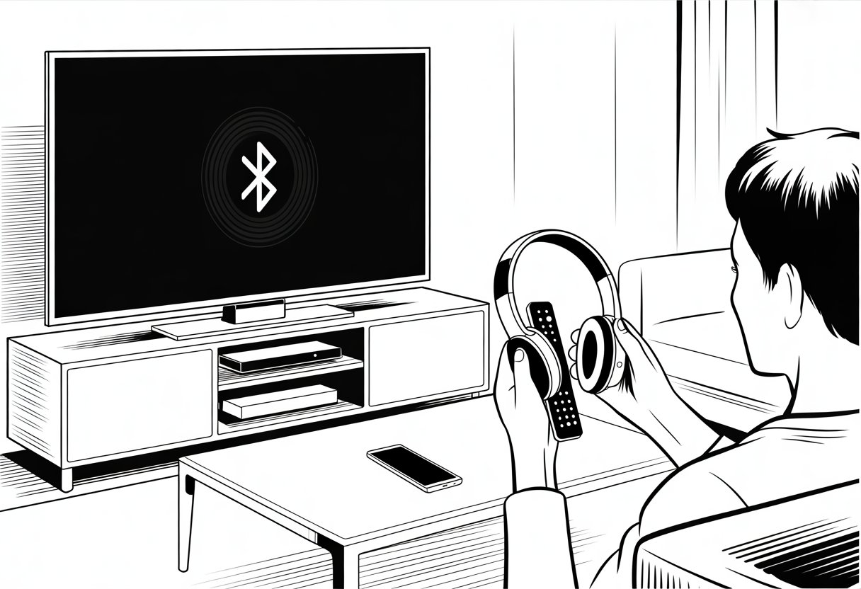 A person pairing Bluetooth headphones with a smart TV in a modern living room.