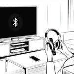 A person pairing Bluetooth headphones with a smart TV in a modern living room.