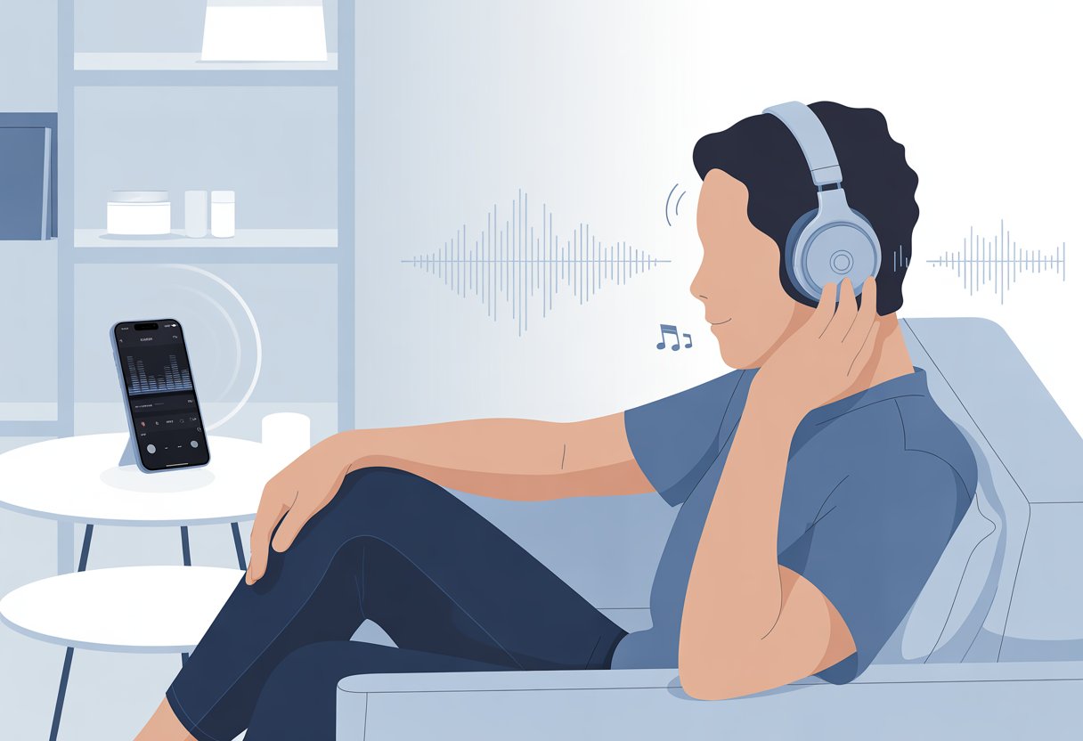 A person wearing Bluetooth headphones sitting in a living room, with sound waves around the headphones and a nearby device showing audio settings.