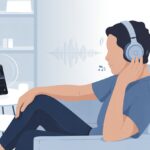 A person wearing Bluetooth headphones sitting in a living room, with sound waves around the headphones and a nearby device showing audio settings.