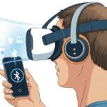 How to use Bluetooth headphones with a VR headset Without Tangling Yourself Like a Cat with Yarn A person wearing a VR headset and Bluetooth headphones while holding a smartphone showing Bluetooth connection icons.