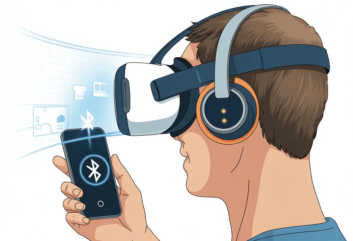 A person wearing a VR headset and Bluetooth headphones while holding a smartphone showing Bluetooth connection icons.