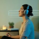 How to use Bluetooth headphones for meditation without becoming a tangled yogi A person sitting cross-legged on a cushion wearing Bluetooth headphones with eyes closed, meditating in a calm room with a plant and candle nearby.