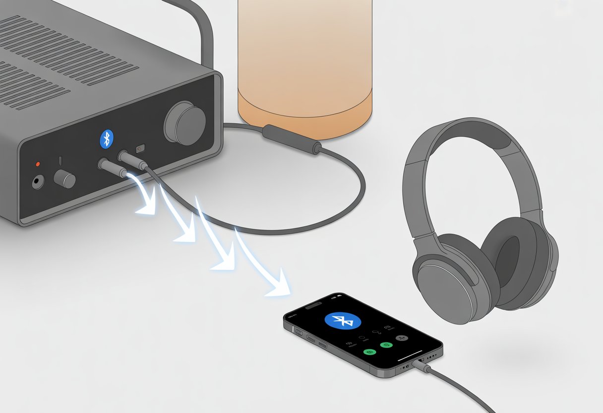 An illustration showing Bluetooth headphones wirelessly connected to an amplifier with a smartphone nearby displaying Bluetooth settings.