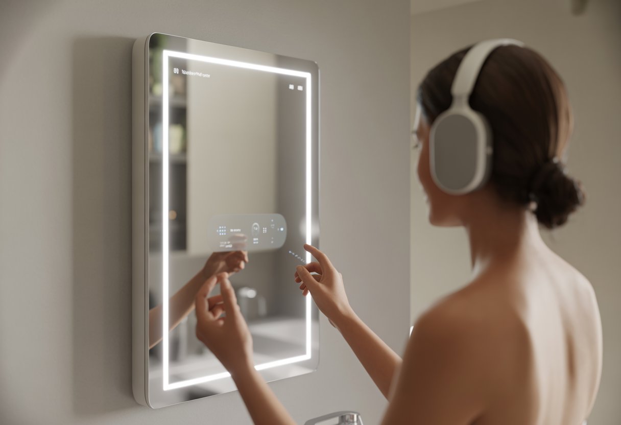 A person wearing wireless Bluetooth headphones standing in front of a smart mirror in a bathroom.