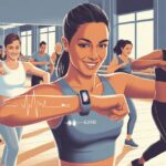A group of people dancing energetically in a bright studio, with a close-up of a person wearing a fitness tracker on their wrist.