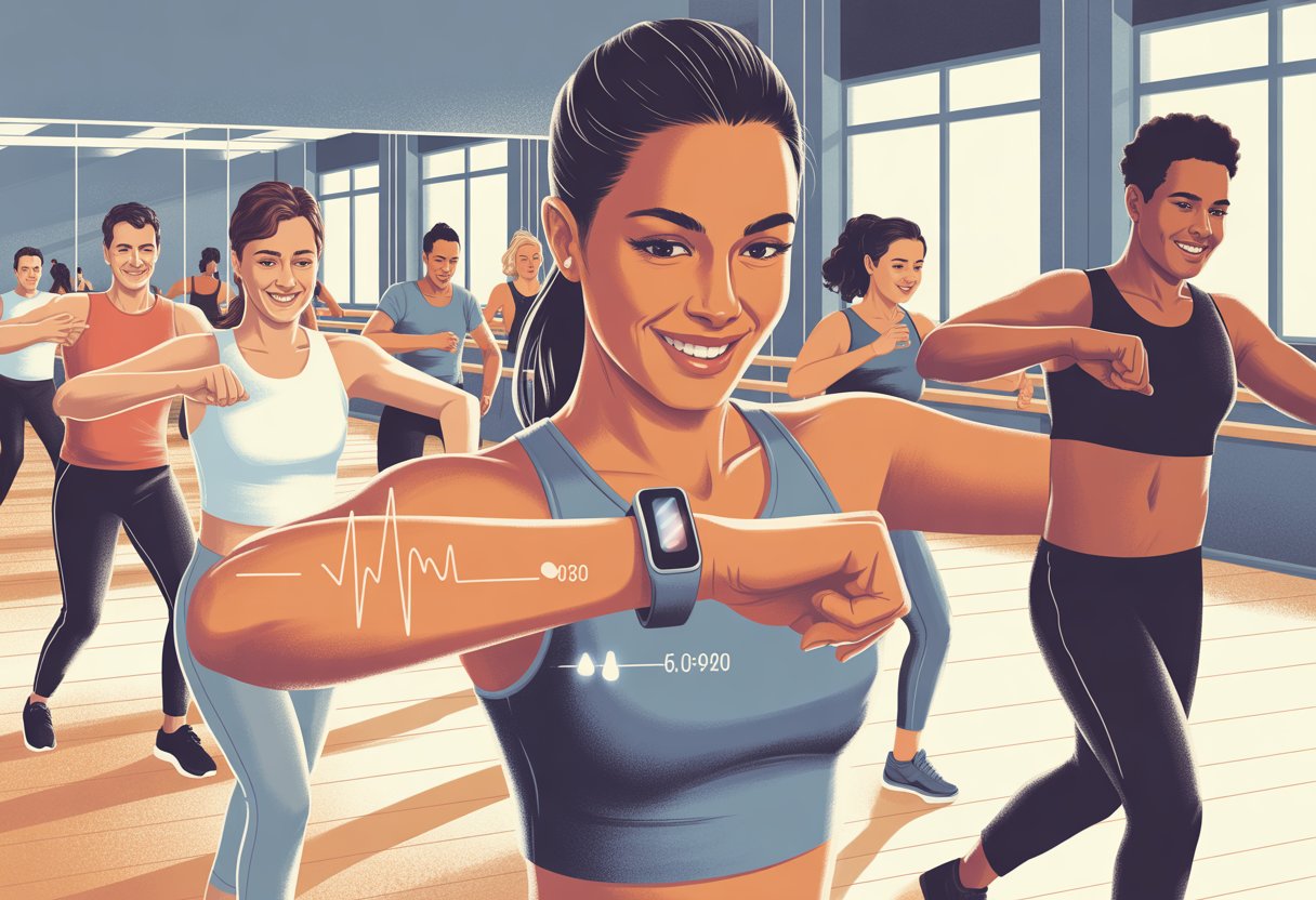 A group of people dancing energetically in a bright studio, with a close-up of a person wearing a fitness tracker on their wrist.