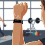 Close-up of a wrist wearing a fitness tracker showing no heart rate data, with a blurred gym background.