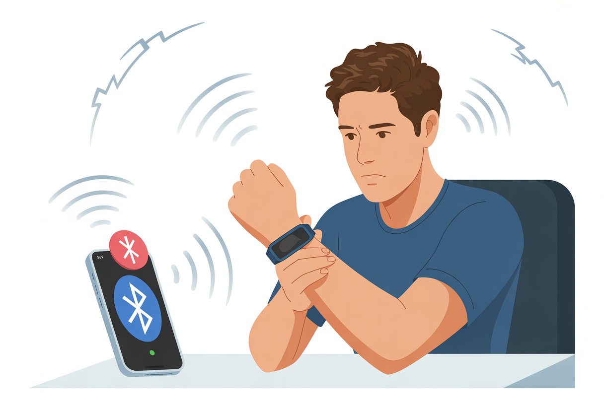 A person looking at their fitness tracker on their wrist with a smartphone nearby showing a disconnected Bluetooth symbol.